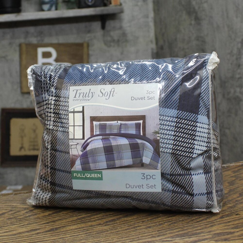 NEW Truly Soft Trey Plaid Polyester 3-Piece Duvet Set Multicolor Blue Full/Queen